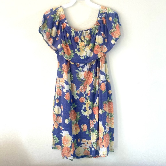 So cute! Tropical blue FLORAL PRINT OFF SHOULDER RUFFLE w/POCKET mini DRESS, NWT - Picture 15 of 15